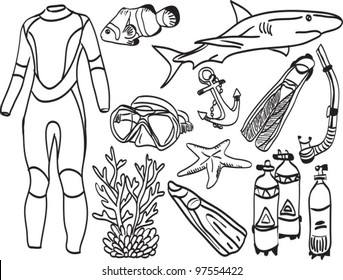 Diving equipment and sea life - doodle style