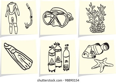 Diving equipment and sea life on yellow memo sticks. Vector illustration.