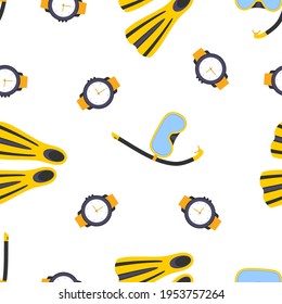 diving equipment seamless pattern, background underwater equipment for sport and snorkeling leisure, vector illustration with diving mask and snorkel, watch and flippers