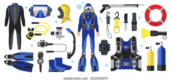 Diving equipment set of elements. Scuba diver man in wetsuit, gear and accessories. Underwater activity and sports items isolated. Extreme entertainment tools. Flat vector illustration