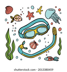 Equipo de buceo, peces, algas, medusas, burbujas de color sobre fondo blanco aislado en ilustraciones de estilo plano dibujadas a mano. Esbozar ingredientes de estilo. Ilustración vectorial.