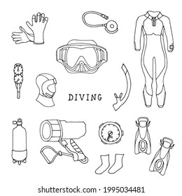 Diving equipment set on a white background. Outline vector drawing.