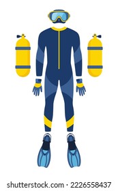 Diving equipment, set. Scuba diving, aqualung oxygen cylinders, diving costume, flippers, mask and tube Vector illustration