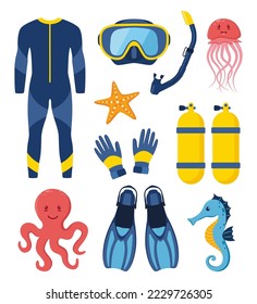 Diving equipment, set. Scuba diving, aqualung oxygen cylinders, diving costume, flippers, mask and tube. Marine life elements. Starfish, octopus jellyfish Vector illustration