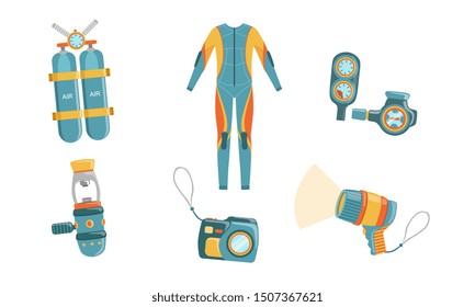 Diving Equipment Set, Wetsuit, Underwater Mask, Snorkel, Aqualung, Camera, Depth Gauge Vector Illustration