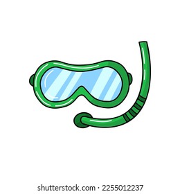 Diving equipment snorkeling mask scuba diver tools green underwater glasses tube cartoon vector illustration isolated on white background