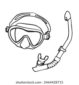 Diving Equipment. Snorkeling Mask, Scuba Diver Tools Isolated on White. Underwater Glasses, Mouthpiece Tube for Swimming. Banner, poster, market, card, gift voucher design. Sport, hobby, entertainment