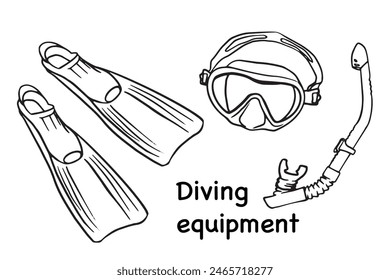 Diving Equipment. Snorkeling Mask, Scuba Diver Tools Isolated on White. Underwater Glasses, Mouthpiece Tube, flippers for Swimming. Banner, poster, market, card, gift voucher design. Sport, hobby