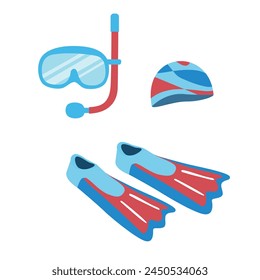 Equipo de buceo. Juego de snorkeling. Arte del Clip Aqualung. Aletas de buceo, máscara y tubo. Elemento de verano. Hola concepto de verano. Vector plano de dibujos animados aislado sobre fondo blanco.