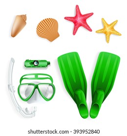 Diving equipment, starfish and sea shells