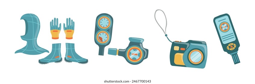 Diving Equipment and Underwater Swimming Appliance Vector Set