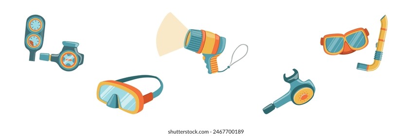 Diving Equipment and Underwater Swimming Appliance Vector Set