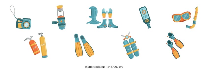 Diving Equipment and Underwater Swimming Appliance Vector Set