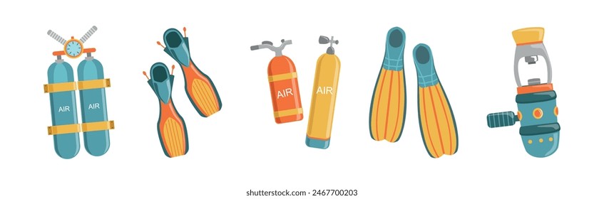 Diving Equipment and Underwater Swimming Appliance Vector Set