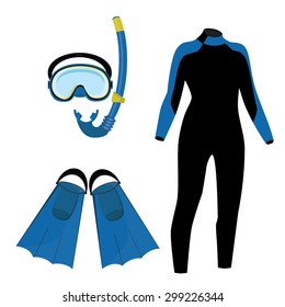 Diving equipment vector icon set with blue diving mask and snorkel or scuba, flippers and diving suit. Diving costume