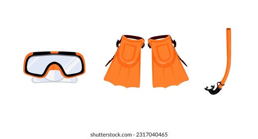 Diving equipment--orange diving goggles, snorkel and flippers on white background