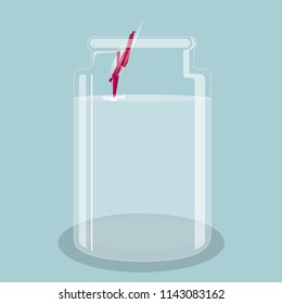 Diving exercise.A businessman jumps into the glass bottle. The background is blue.