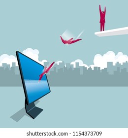 Diving exercise.A businessman jumps into the computer. The background is the urban landscape.