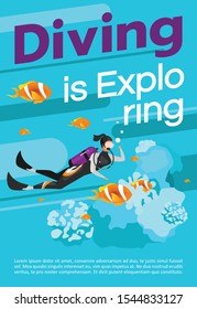 Diving is exploring poster vector template. Extreme watersport. Brochure, cover, booklet page concept design with flat illustrations. Scubadiving. Advertising flyer, leaflet, banner layout idea