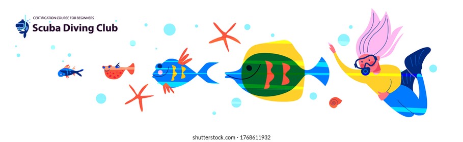 Diving. Extreme sport. Underwater swimming. Girl diver and exotic fish and underwater world. Vector illustration.