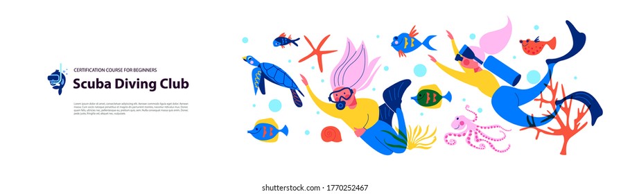 Diving. Extreme sport. Underwater swimming. Girl diver and exotic fish and underwater world. Vector illustration.