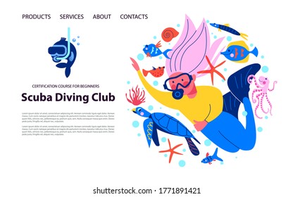 Diving. Extreme sport. Underwater swimming. Girl diver and exotic fish and underwater world. Vector illustration.