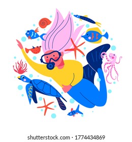 Diving. Extreme sport. Underwater swimming. Girl diver and exotic fish and underwater world. Vector illustration.