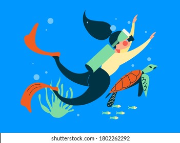 Diving. Extreme sport. Underwater swimming. Girl diver and exotic fish and underwater world. Vector illustration.