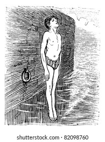 Tauchen Feet First, vintage gravierte Illustration. Trousset-Enzyklopädie (1886 - 1891).