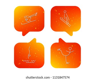 Diving, figure skating and skiing icons. Ski jumping linear sign. Orange Speech bubbles with icons set. Soft color gradient chat symbols. Vector