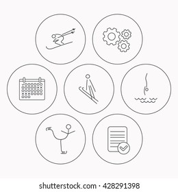 Diving, figure skating and skiing icons. Ski jumping linear sign. Check file, calendar and cogwheel icons. Vector