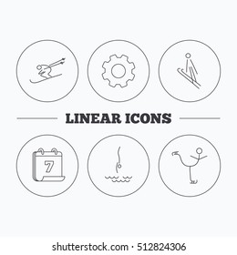Diving, figure skating and skiing icons. Ski jumping linear sign. Flat cogwheel and calendar symbols. Linear icons in circle buttons. Vector