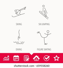 Diving, figure skating and skiing icons. Ski jumping linear sign. Edit document, Calendar and Graph chart signs. Star, Check and House web icons. Vector