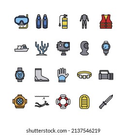 Diving filled outline icon set