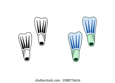 Diving fins icon. Vector hand drawn illustration for logo, banner, web. Equipment for swimming in the sea and snorling.