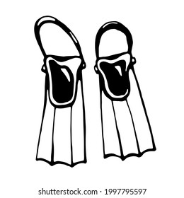 Diving fins. Vector, black line, isolated