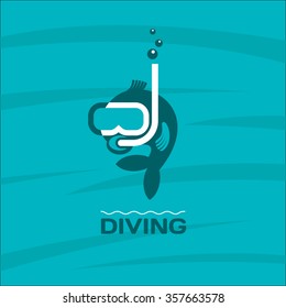 Diving. Fish diver mask with snorkel. Vector logo.