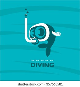 Diving. Fish diver mask with snorkel. Vector logo. 3