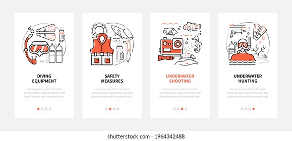 Diving and fishing - modern line design style web banners with copy space for text. Hobby, water sport and leisure idea. Carousel posts with equipment, underwater shooting and hunting, safety measures