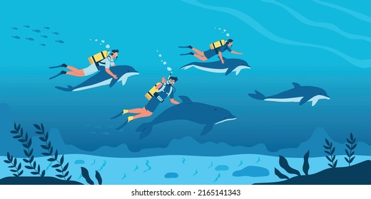 Composición plana de buceo con buceadores nadando con delfines ilustración vectorial