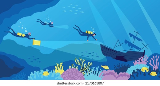 Diving flat composition with scuba divers underwater searching for sunken ship vector illustration