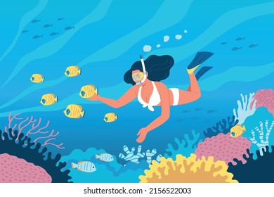 Diving flat concept with woman swimming in coral reefs vector illustration