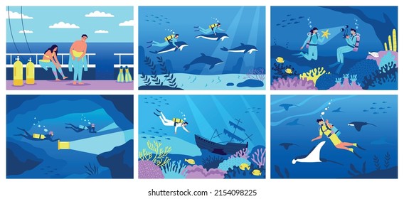 Diving flat poster set with people snorkeling underwater isolated vector illustration