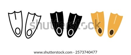 Diving flippers icon. Swimming fin vector illustration. Snorkeling symbol. Dive underwater equipment. Aquatic swimwear sign. Pair of diving flippers pictogram. Swimming footwear isolated concept.