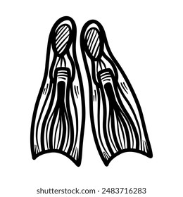 Diving flippers in linear style illustration. Sketch drawing on white background