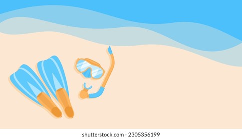 Diving flippers and mask with snorkel on sand near sea waves, top view. Flat vector illustration