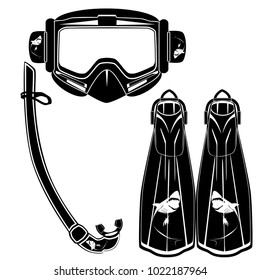 Diving flippers and mask with snorkel vector illustration isolated on white background. Black templates, Flat style design.