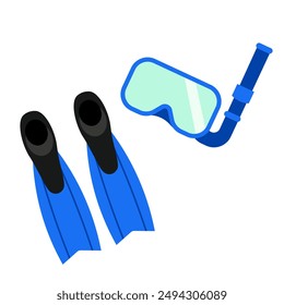 Diving flippers and mask with underwater snorkel. Vector flat icon set