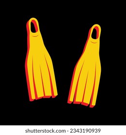 Diving flippers sign. 3D Extruded Yellow Icon with Red Sides a Black background. Illustration.