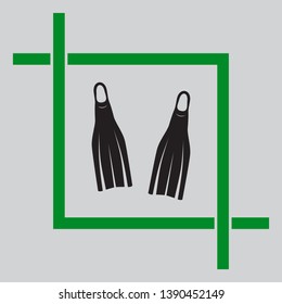 Diving flippers sign. Black icon inside green crop tool at light gray background